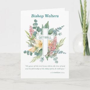 Carte Bishop Get Well Religion Cross avec Fleurs sauvage
