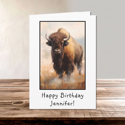 Carte Bison Buffalo Portrait heureux Anniversaire Nom