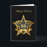 Carte Black and Gold 50th Birthday Star<br><div class="desc">Un design noir et or remarquable avec un bouclier en forme d'étoile pour fêter le 50ème anniversaire. Le texte peut être facilement modifié pour n'importe quel âge et année de naissance. Visitez le magasin GiftsBonanza pour voir la collection de produits présentant ce design. Contactez-nous par l'intermédiaire de notre magasin si...</div>