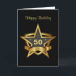 Carte Black and Gold 50th Birthday Star<br><div class="desc">Un design noir et or remarquable avec un bouclier en forme d'étoile pour fêter le 50ème anniversaire. Le texte peut être facilement modifié pour n'importe quel âge et année de naissance. Visitez le magasin GiftsBonanza pour voir la collection de produits présentant ce design. Contactez-nous par l'intermédiaire de notre magasin si...</div>