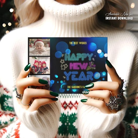 Carte Black & Blue Midnight Sparkle Néon Glow Nouvel An