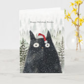 Carte black cat in santa hat fun Holiday Christmas card (Fleur jaune)