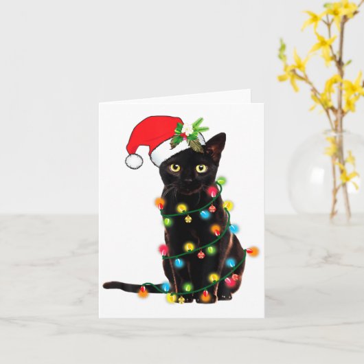 Carte Black Cat Santa Tangled Up In Christmas Lights (Fleur jaune)