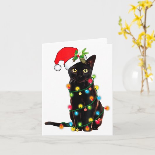 Carte Black Cat Santa Tangled Up In Christmas Lights _1 (Fleur jaune)