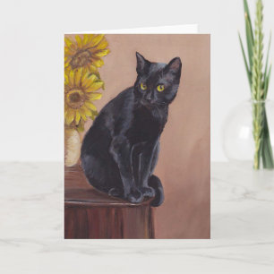 Carte Black Cat & Sunflowers Art Grey Card