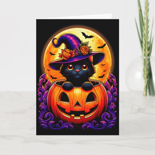 Carte Black Cat Witch Hat Pumpkin Funny Halloween Men Wo (Devant)