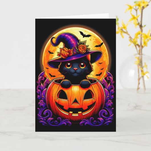 Carte Black Cat Witch Hat Pumpkin Funny Halloween Men Wo (Fleur jaune)