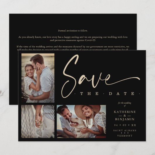 Carte Black Chic Trendy Collage Wedding Covid19 3 Photos (Devant / Derrière)