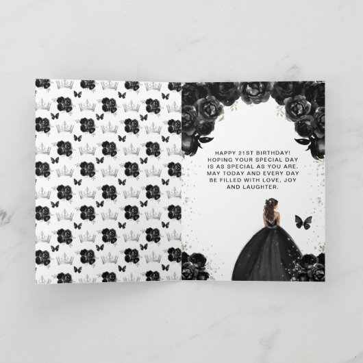 Carte Black Floral Dark Skin Girl Joyeux anniversaire (Intérieur)