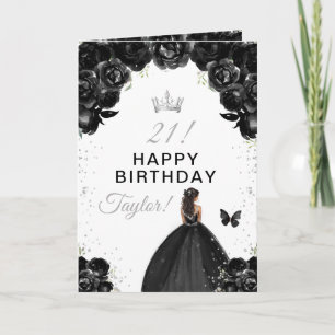 Carte Black Floral Dark Skin Girl Joyeux anniversaire