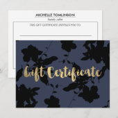 Carte Black Floral Gold Texte Bleu Certificat cadeau (Devant / Derrière)