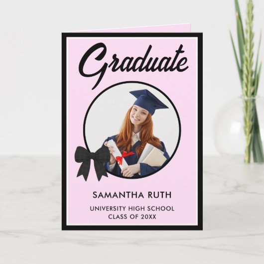 Carte Black Gingham Bow Photo Graduation (Devant)