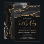 Carte Black Gold Agate 21e fête d'anniversaire<br><div class="desc">Cette élégante invitation de 21ème anniversaire présente une aquarelle d'une géode agate en noir avec des reflets d'or. Les mots "21e anniversaire" apparaissent dans la parties scintillant en faux or dans la police décorative moderne d'écriture manuscrite. Customisez-le avec le nom de l'invité d'honneur en texte doré et les détails en...</div>