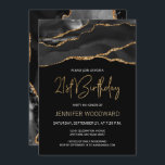 Carte Black Gold Agate 21e fête d'anniversaire<br><div class="desc">Cette élégante invitation de 21ème anniversaire présente une aquarelle d'une géode agate en noir avec des reflets d'or. Les mots "21e anniversaire" apparaissent dans la parties scintillant en faux or dans la police décorative moderne d'écriture manuscrite. Customisez-le avec le nom de l'invité d'honneur en texte doré et les détails en...</div>