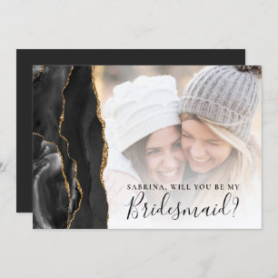 Carte Black Gold Agate Photo Bridesmaid Proposal
