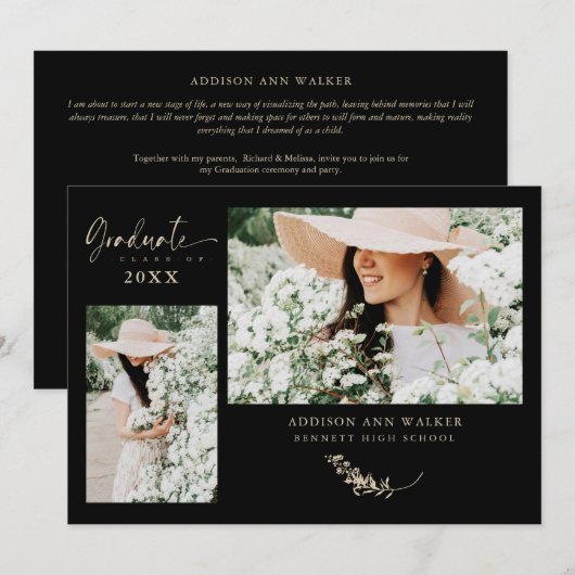 Carte Black Gold Branches tendance Graduation 2 Photos (Devant / Derrière)