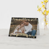 Carte Black Gold Snowflake Botanical Photo New Year Card (Fleur jaune)