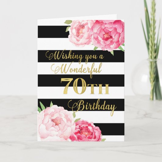 Carte Black Stripes Fleurs roses Joyeux 70e anniversaire (Devant)