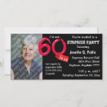 Carte Black Surprise 60th Birthday Party Photo Invitatio<br><div class="desc">Téléchargez votre propre photo sur le côté couverture de cette carte. Texte personnalisable pour toutes les informations de votre parti. Les graphiques de couverture supplémentaires incluent "I'm not 60 I'm 59.99" étiquette de prix et lettres. Copiez et collez ce texte dans votre navigateur pour voir les accessoires correspondants dans notre...</div>