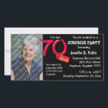 Carte Black Surprise 70th Birthday Party Photo Invitatio<br><div class="desc">Téléchargez votre propre photo sur le côté couverture de cette carte. Texte personnalisable pour toutes les informations de votre parti. Les graphiques de couverture supplémentaires incluent "I'm not 70 I'm 69.99" étiquette de prix et lettres. Copiez et collez ce texte dans votre navigateur pour voir les accessoires correspondants dans notre...</div>