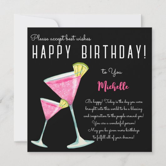 Carte Black Watercolor Cocktail heureux anniversaire (Devant)