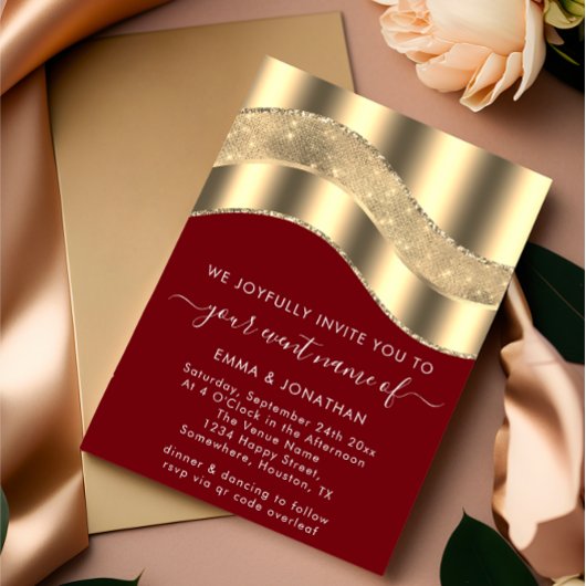 Carte Black White Gold Bordure Vague QR Code Mariage