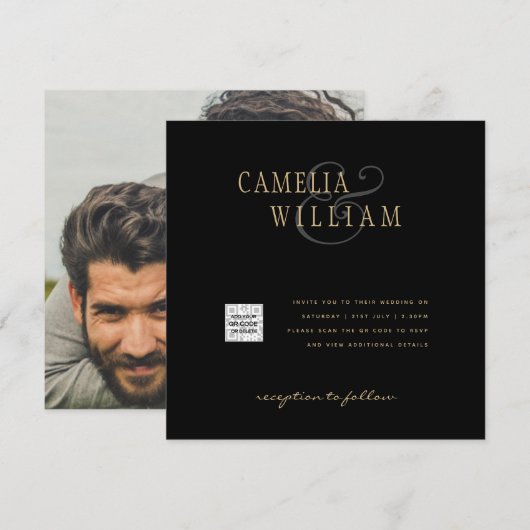Carte Black White PHOTO Wedding Inviter QR CODE Enregist (Devant / Derrière)