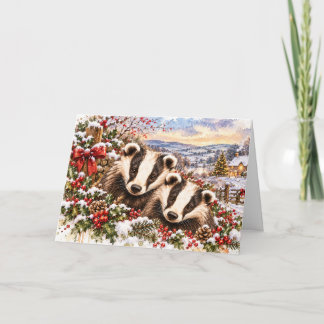 Carte Blaireaux de Noël – Aquarelle festive de la forêt