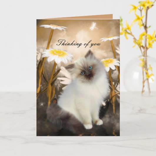 Carte Blanc Chat Kitten Fleurs "Penser à vous" (Fleur jaune)