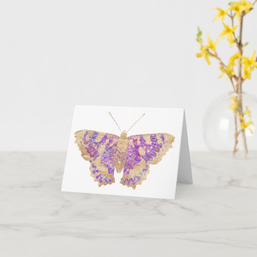 Carte BLANC de papillon pourpre et or (Fleur jaune)