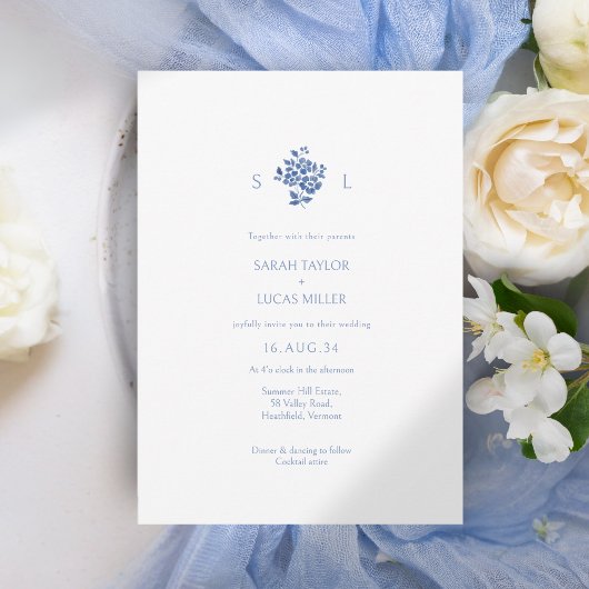 Carte Blanc + Floral bleu Monogramme Mariage floral