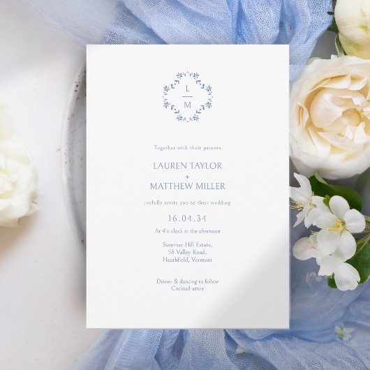 Carte Blanc + Floral bleu Monogramme Mariage floral