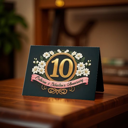 Carte Blanc Floral Gold Numéro 10e anniversaire Mariage