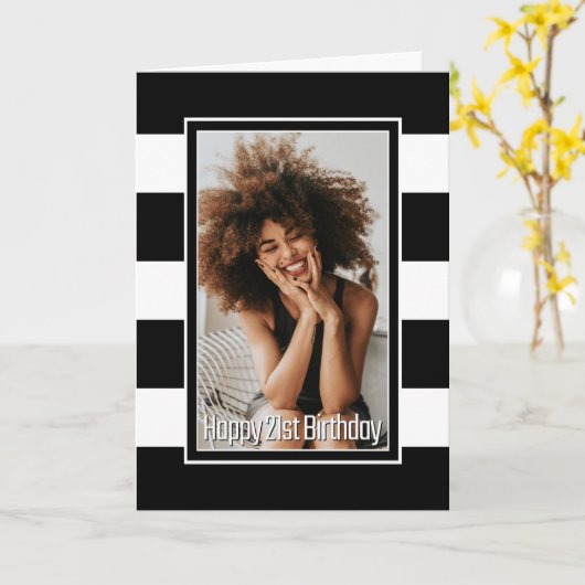 Carte Blanc Noir rayé 21e anniversaire (Fleur jaune)