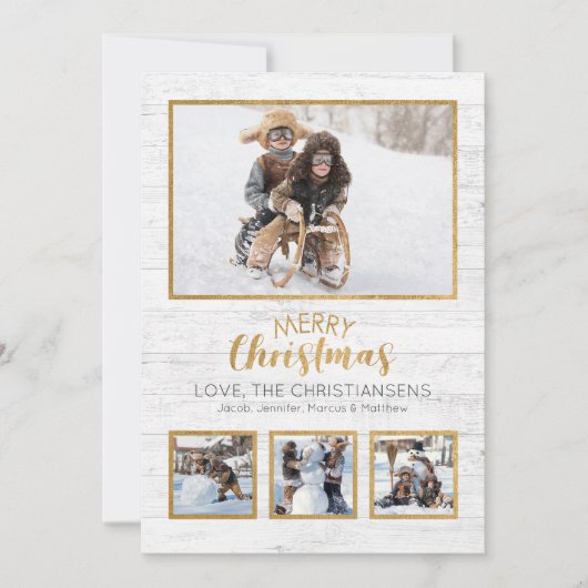 Carte Blanc or Bois rustique Photo Noël (Devant)