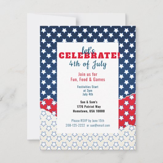 Carte Blanc rouge et bleu avec étoiles 4 juillet (Devant)
