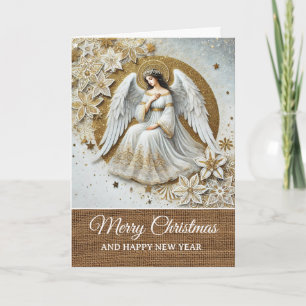 Carte Blanc Vintage Rustique et Ange de Noël en Or