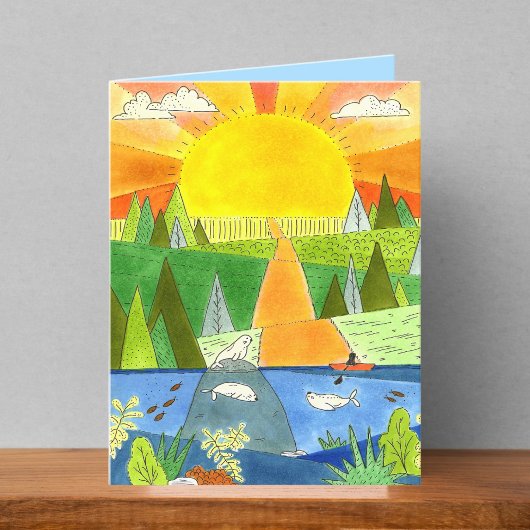 Carte blanche de dessin de Mountain River Sunrise