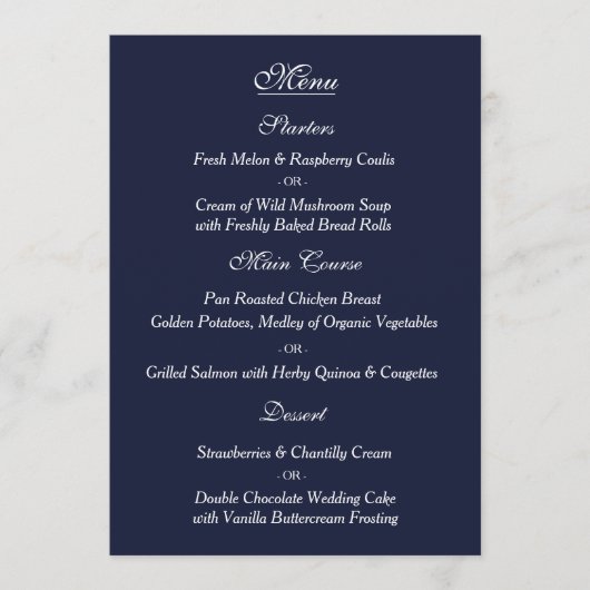 Carte blanche de menu de mariage de marine (Devant)