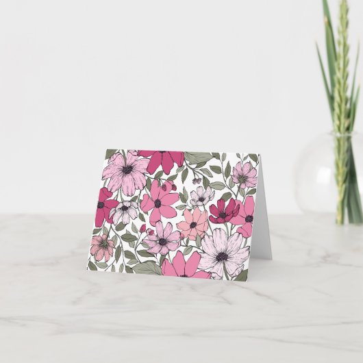 Carte blanche pliée rose et blanc à fleurs (Devant)