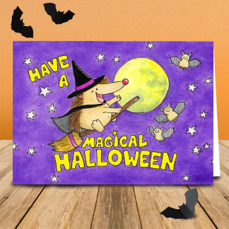 Carte Blanche Sorcière Mignonne Hérisson d'Halloween