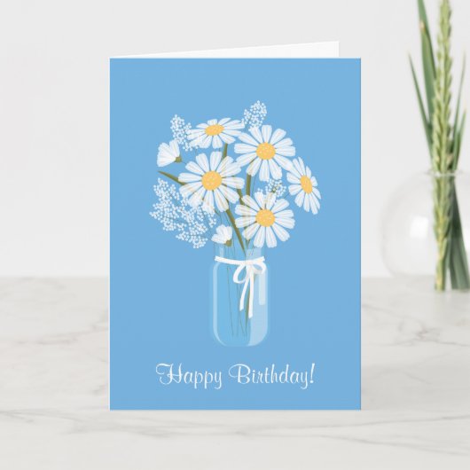 Carte Blancs marguerites Mason Jar sur bleu Joyeux anniv (Devant)