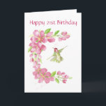 Carte Blank 21st Birthday Cherry Blossom & Hummingbird<br><div class="desc">Fleur de cerisiers et colibri d'anniversaire blanc</div>