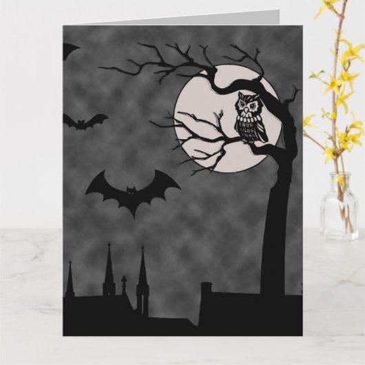CARTE BLANK GOTHIC NIGHT OWL BATS LUNE BLANC BLANC (Fleur jaune)