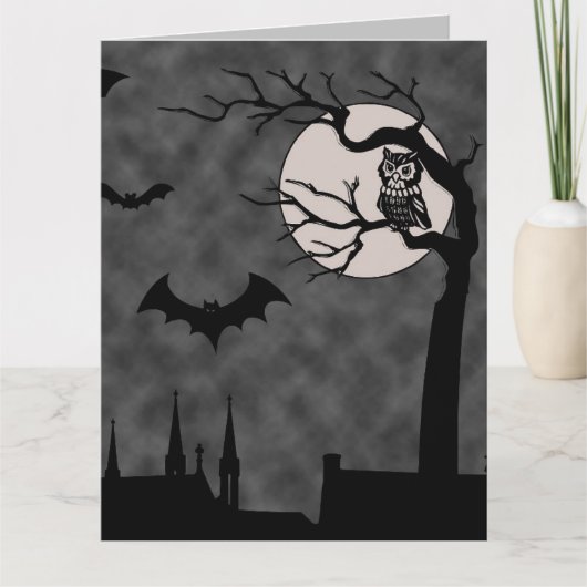CARTE BLANK GOTHIC NIGHT OWL BATS LUNE BLANC BLANC (Devant)