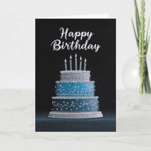Carte BLANK INSIDE: Blue & Silver Birthday Cake Design (Devant)