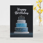 Carte BLANK INSIDE: Blue & Silver Birthday Cake Design (Fleur jaune)