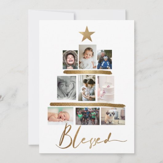 Carte Blessé Gold Script Christmas Tree Photo Collage H (Devant)