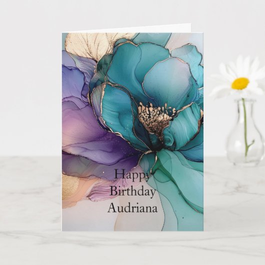 Carte Bleu Aqua Violet Or Floral Anniversaire (Petite plante)