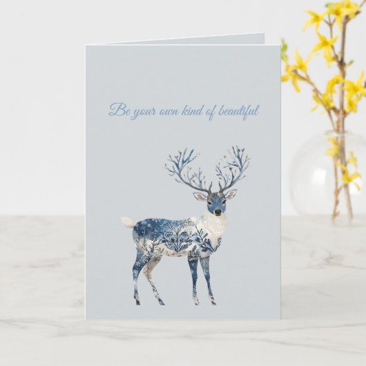 Carte Bleu Blanc Chic Cerf Anniversaire (Fleur jaune)